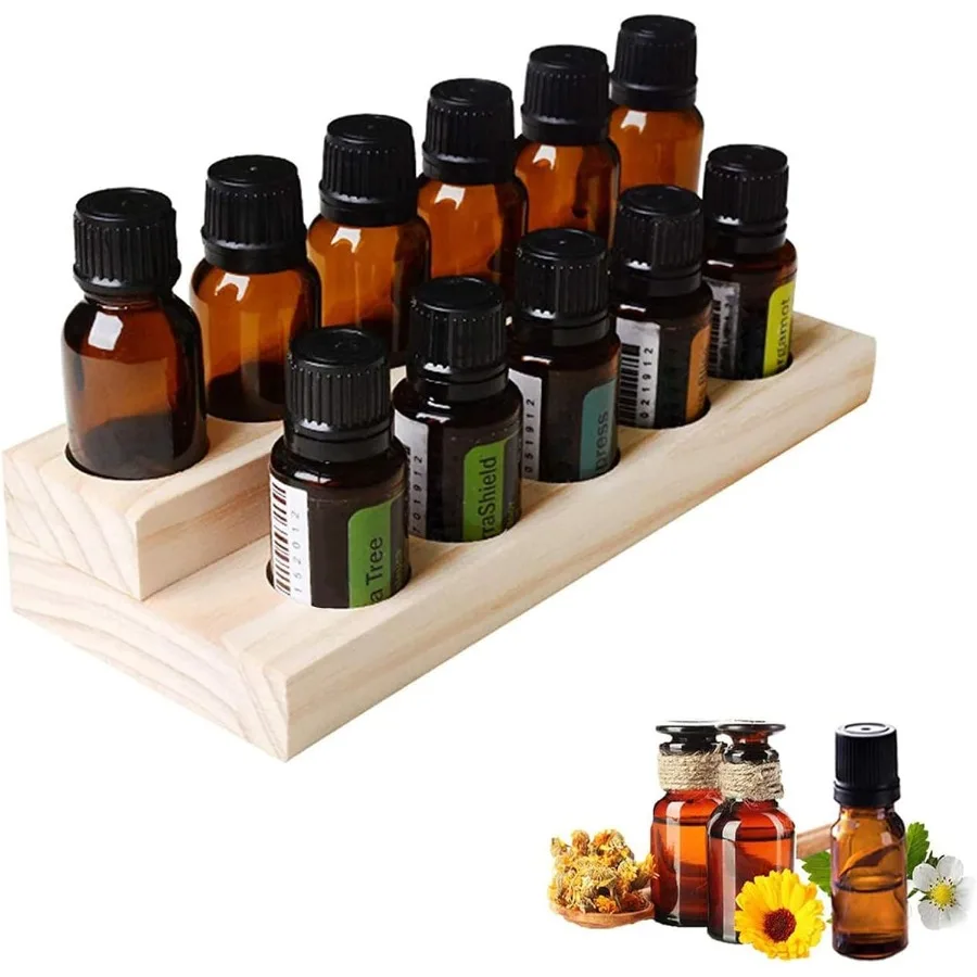 

11 Slots Wooden Essential Oil Organizer Nail Polish Shelf for Tabletop Storage Durable Wood Makeup Display Stand with Adjustabl