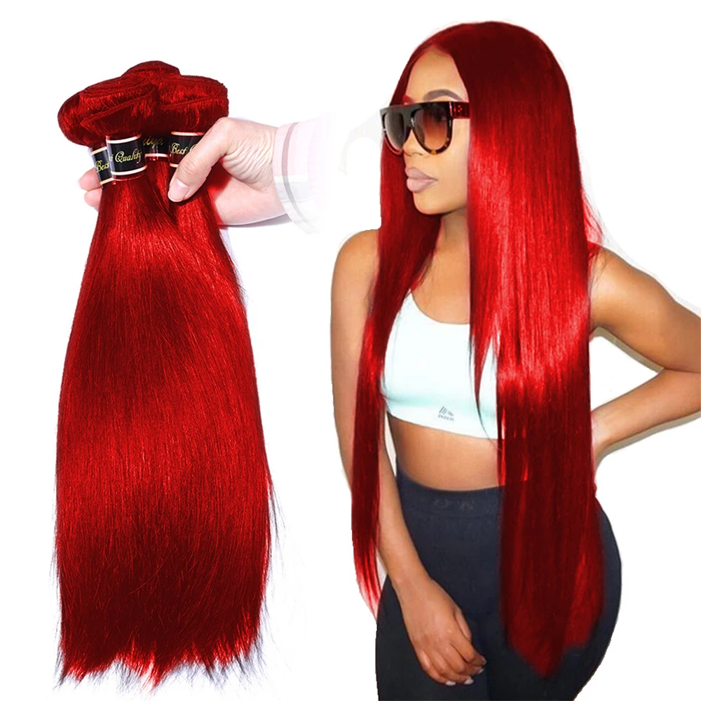 Wholesale Peruvian Hair Bundles #Hot Red Colored Straight Human Hair Weave Bundles Remy Hair Extensions 1/3/4 Pcs 8-30 Inches