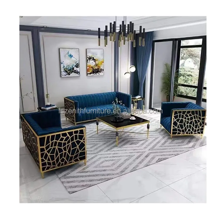 Zhongyi Light Luxury Fabric Sofa Set Furniture Velvet 1- 3 Seat Honeycomb Stainless Steel Living Room Sofas For Home Hotel