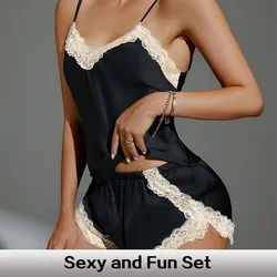 New Women's Casual Sexy Black Silk Satin Pajama Set, Women's Satin Lace Lace Suspender Top and Shorts Pajama Set