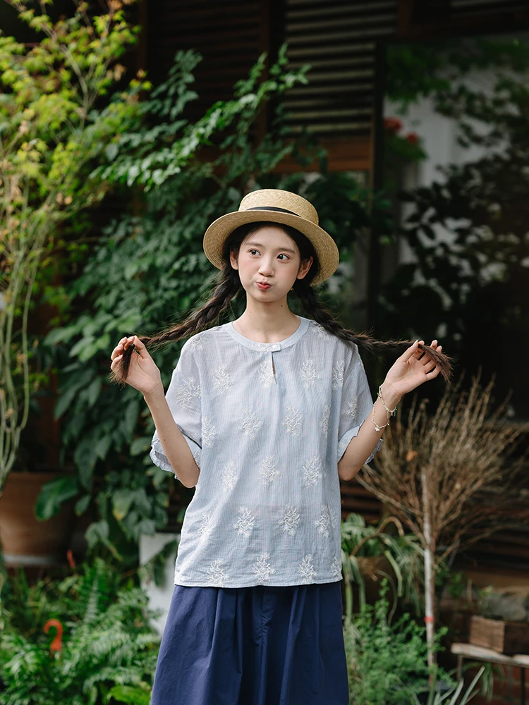 

Топ из чистого хлопка с вышивкой, японский свободный крой, дышащая длина, женский топ, летний стиль