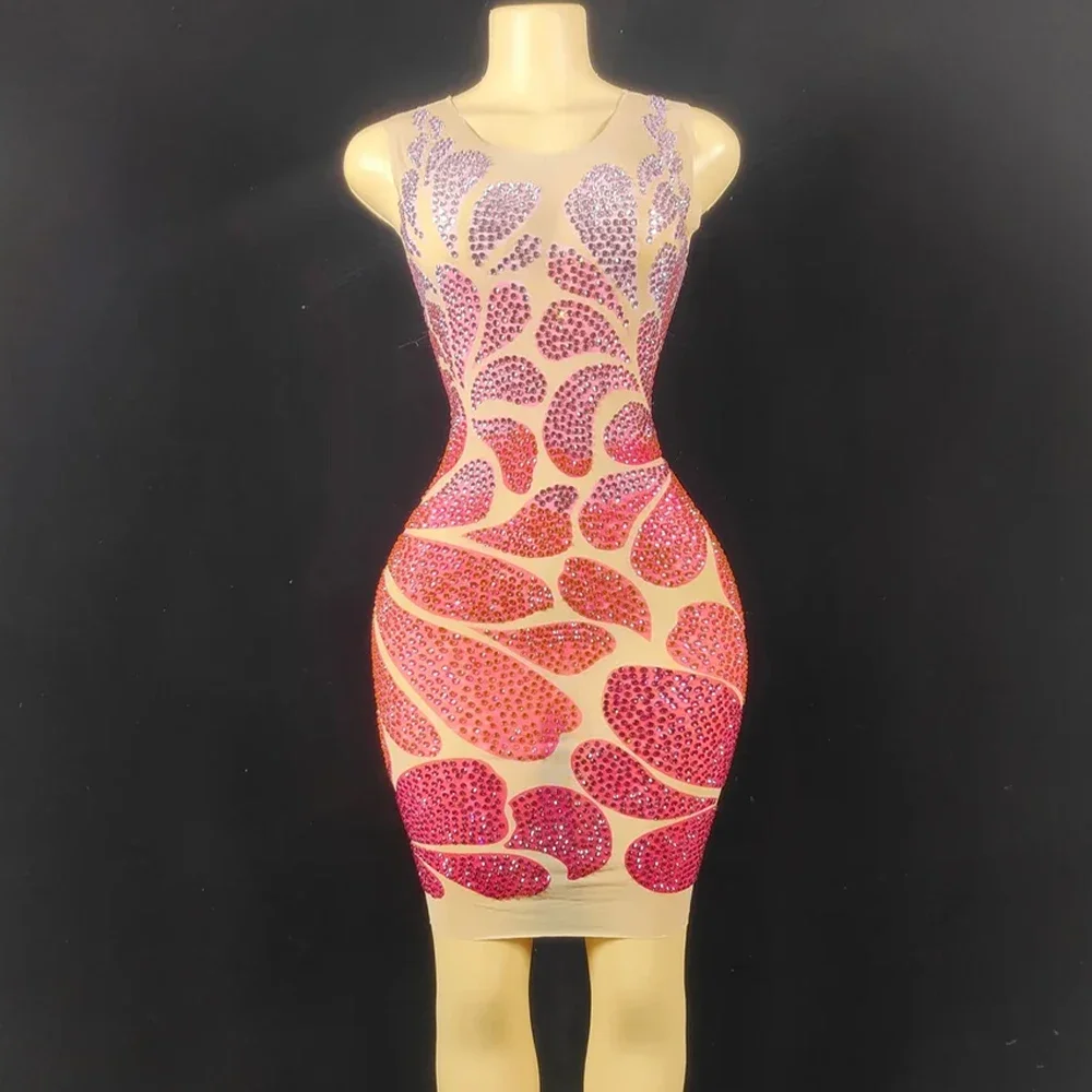 

Sparkly Multicolor Rhinestones Sleeveless Sexy Mesh Transparent Short Bodycon Dress Women Birthday Celebrate Prom Club Dress