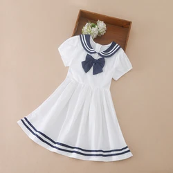 Girls Summer Dress 100% Cotton Turn-Down Collar Clothes Children Preppy Style Dresses with Bow for School Kids 5-12 Years