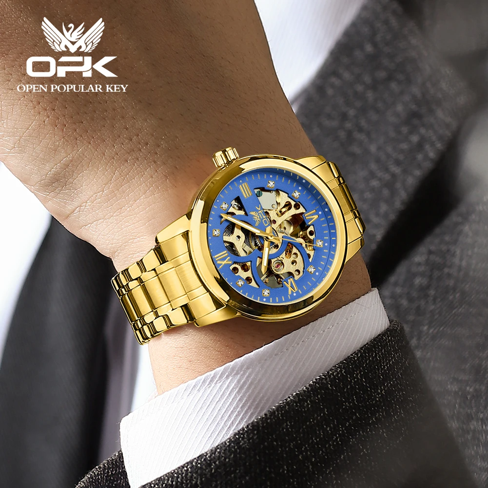 OPK 8165 Hollow Men's Mechanical Watch Waterproof Luminous Business Gold Classic Luxury Automatic Wristwatch for Man
