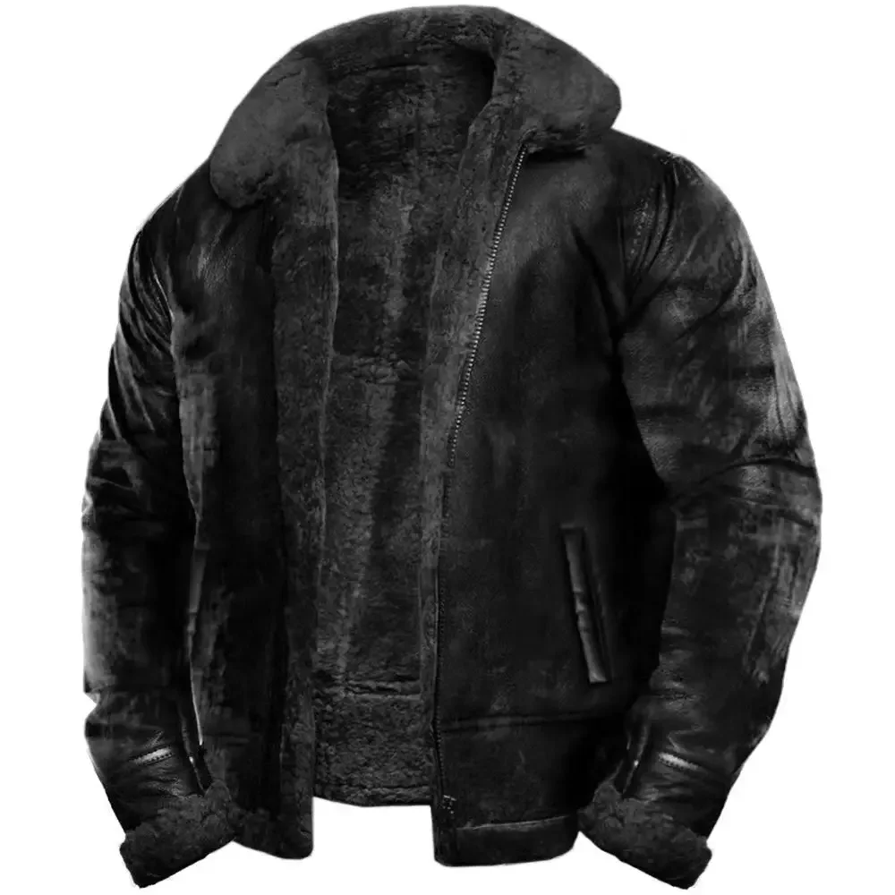 Winter Men\'s Faux Fur Jackets Fleece Warm Turn Down Collar Casual Plush Coat Men Thick Solid Long Sleeve Fur Outwear Coats Man