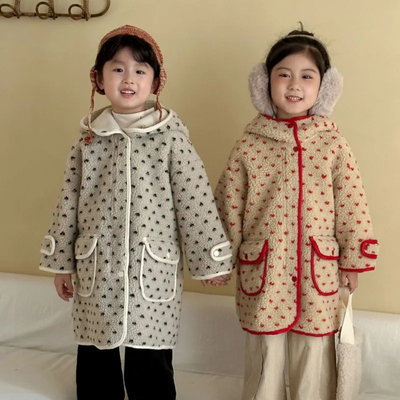 Children's Lamb Fur Coat Girls' Medium Long Style Polka Dot and Thick Velvet, New Autumn and Winter Clothing, Boys' Windbreaker