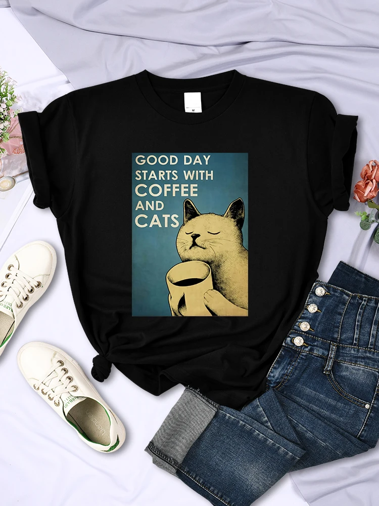 Good Day Start With Coffee And Cats Women T Shirts Summer Kawaii Short Sleeve Hip Hop Cool Luxury Clothes Korean Fashion T-Shirt