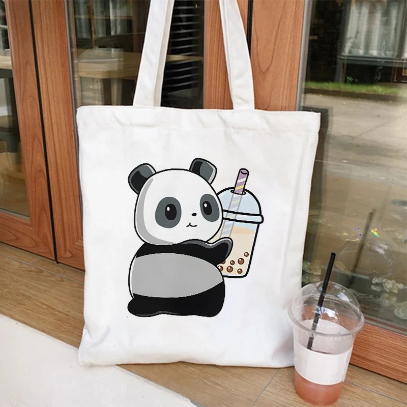 Women Handbags Cartoon Animals with Boba Tea Printed Canvas Bag Funny Handbag for Teen Fashion Tote Bag Side Bag for Ladies