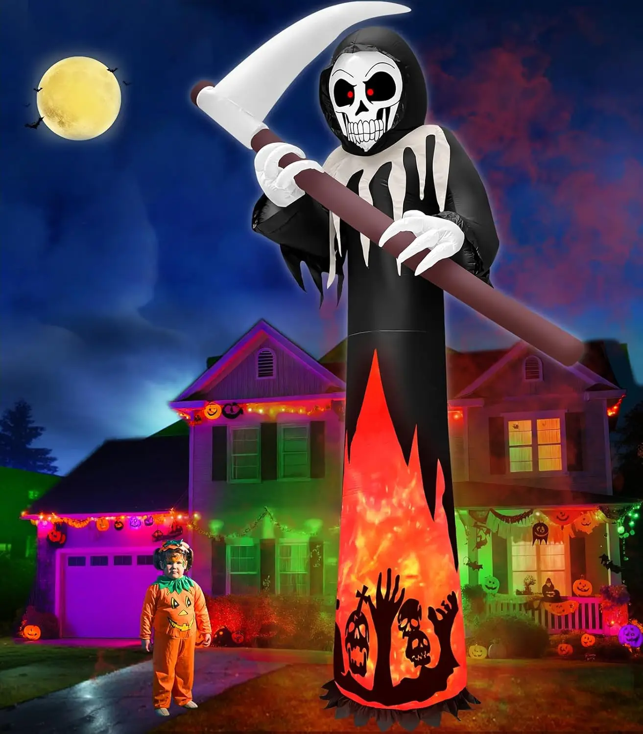 12FT Tall Halloween Inflatables Outdoor Decorations Grim Reaper Ghost | Built-in Rotating Flame LED Lights, Scary Blow Up Grim R