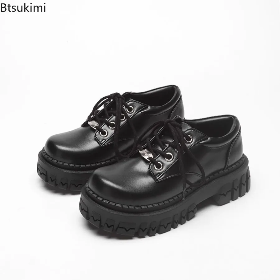 

2025 Summer Women's Thick Soled Round Toe Loafers Shoes Leather Black Japanese Style Shoes Single Lace-Up Casual Shoes Ladies