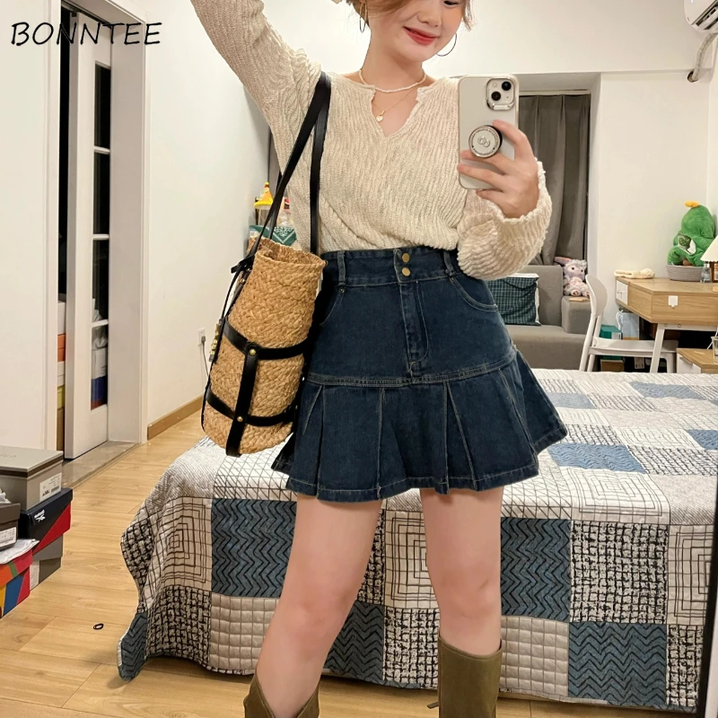 

High Waist Pleated Skirts Women Summer Design Vintage Denim Hotsweet Simple Korean Style Teens Buttons Comfortable Seductive