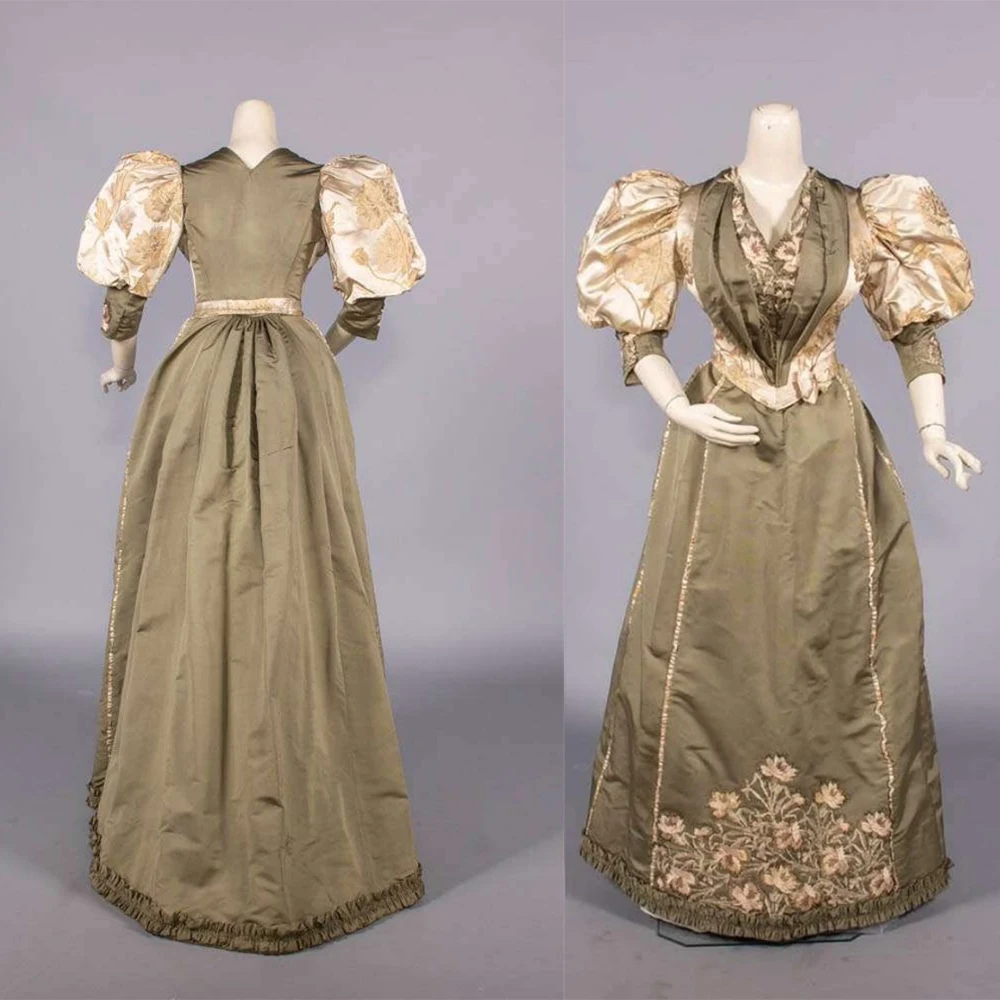 1895年代エドワード朝のディナードレスビクトリア朝の公爵夫人アフタヌーンコスチューム歴史的王宮花柄刺繍パフスリーブボールガウン