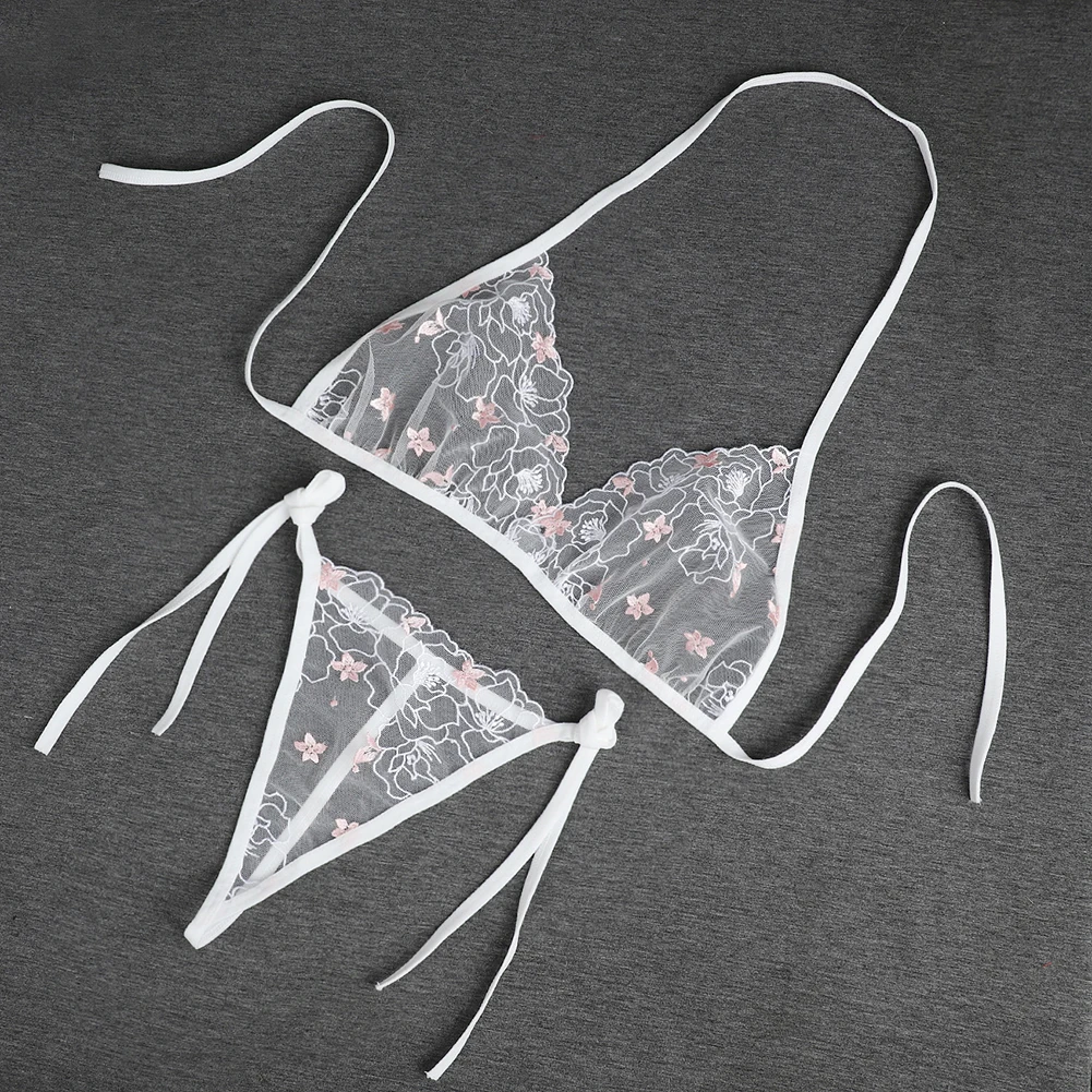 

2pcs Sexy Women's Bikinis Bras Tops Thongs Set Embroidered Sheer Mesh G-strings Female Exotic Set Nightwear