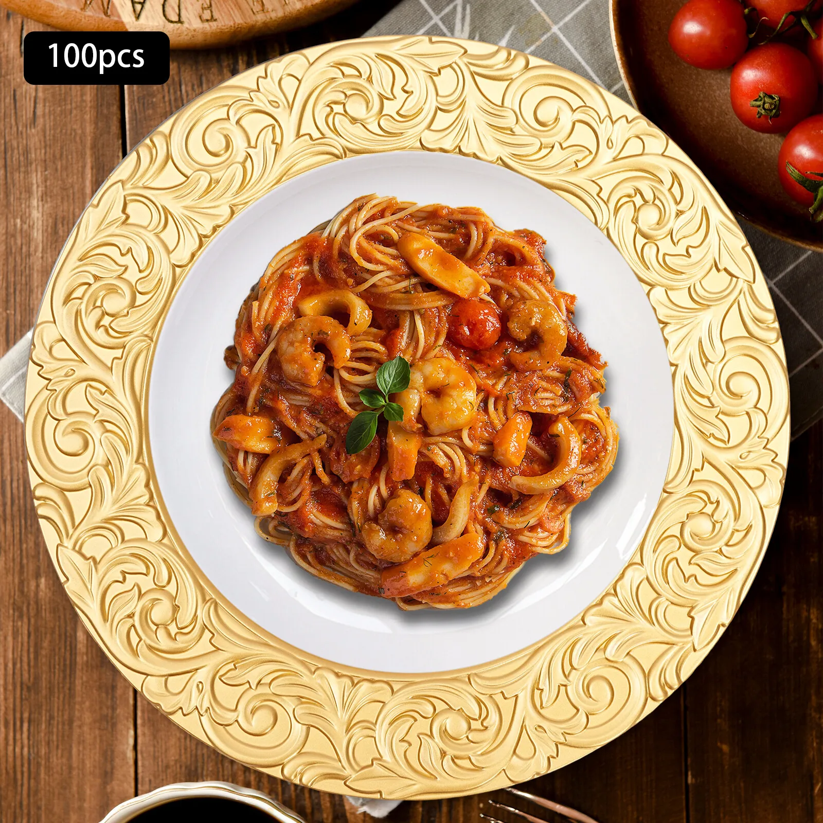 100Pcs 13 Inch Gold/Silver Charger Plates Round PP Plastic Service Plates with Embossed Rim for Wedding Banquet