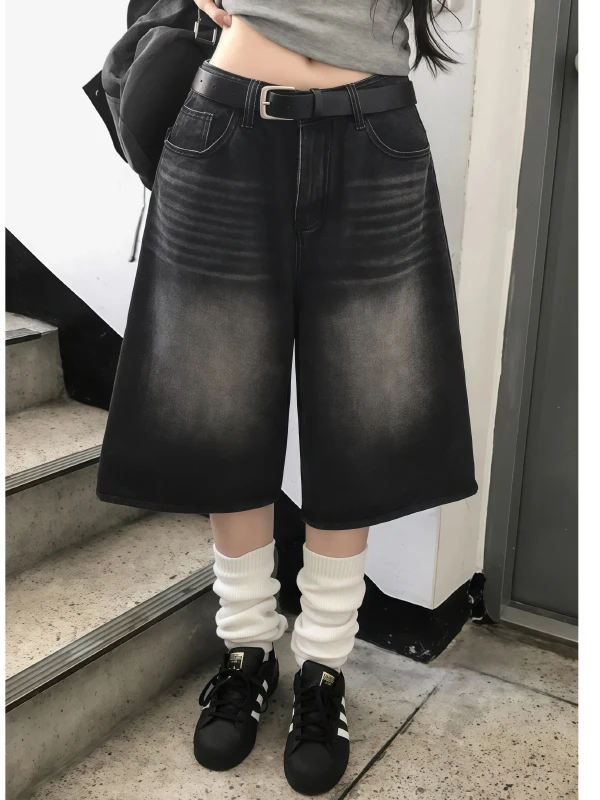 

Retro American Paris Button Denim Jeans Women's Summer Design Loose Washed Five-Seven Shorts High Street Style Pure Color