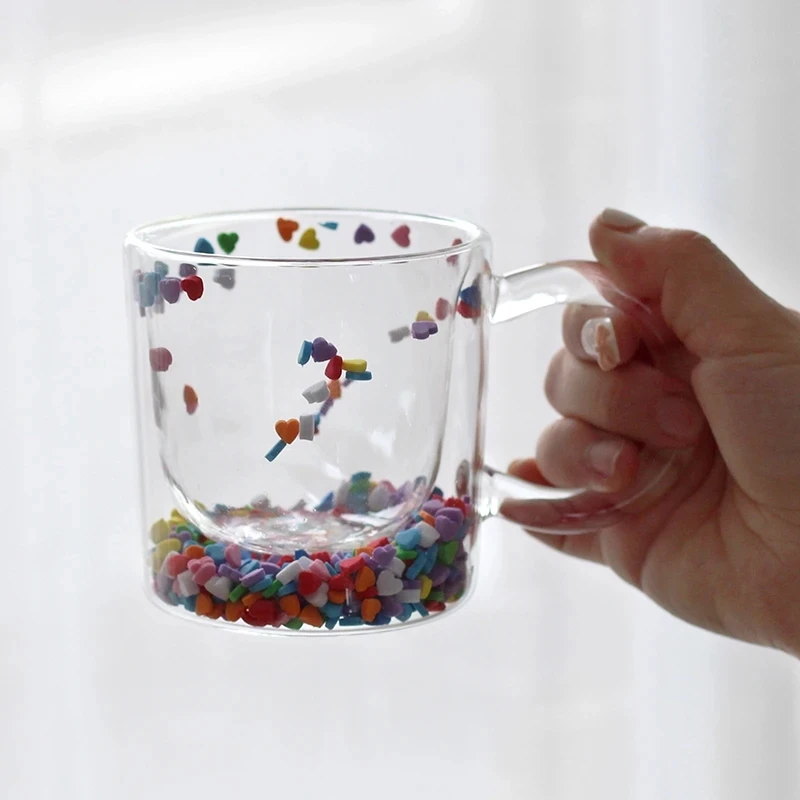 Shining Fairy Double Layer Quicksand Water Cup Big Ear Coffee Breakfast Heat Insulation Bubble Sequin Creative Glass