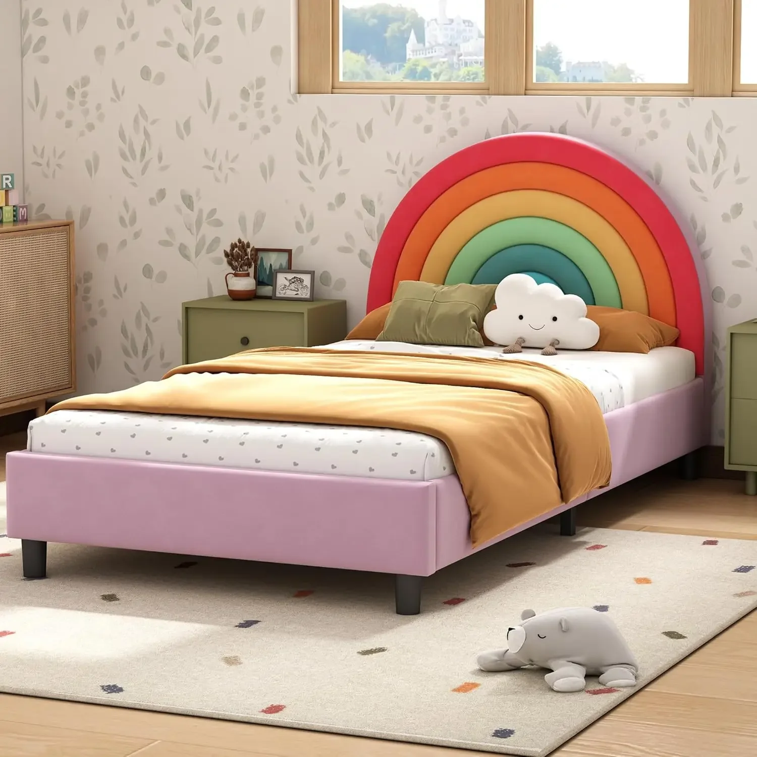 Cama de princesa gêmeo com cabeceira, cama de menina gêmea fofa, cama de plataforma dupla estofada para crianças, colorida e rosa