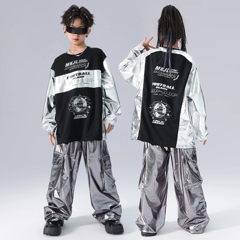 Kids Street Dance Clothing Hip Hop Silver Tops Pants Long Sleeves Suit Boys Performance Costume Girls Jazz Stage Wear BL13896