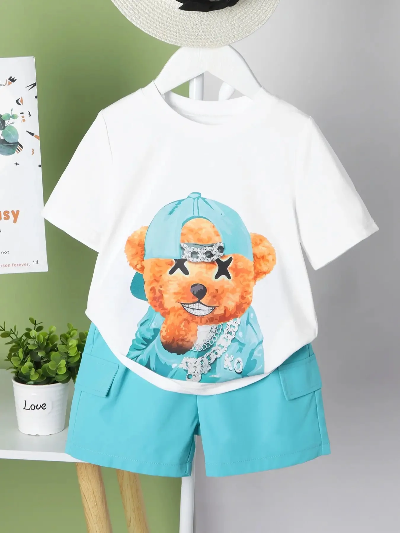 Boys' Cartoon Bear Print Shorts Set