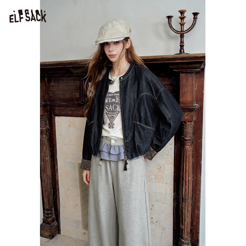 ELFSACK Women's Stand Collar Crop Jacket, Casual Zip Up Outerwear with Pocket, Dark Blue Short Coat for Everyday Wear