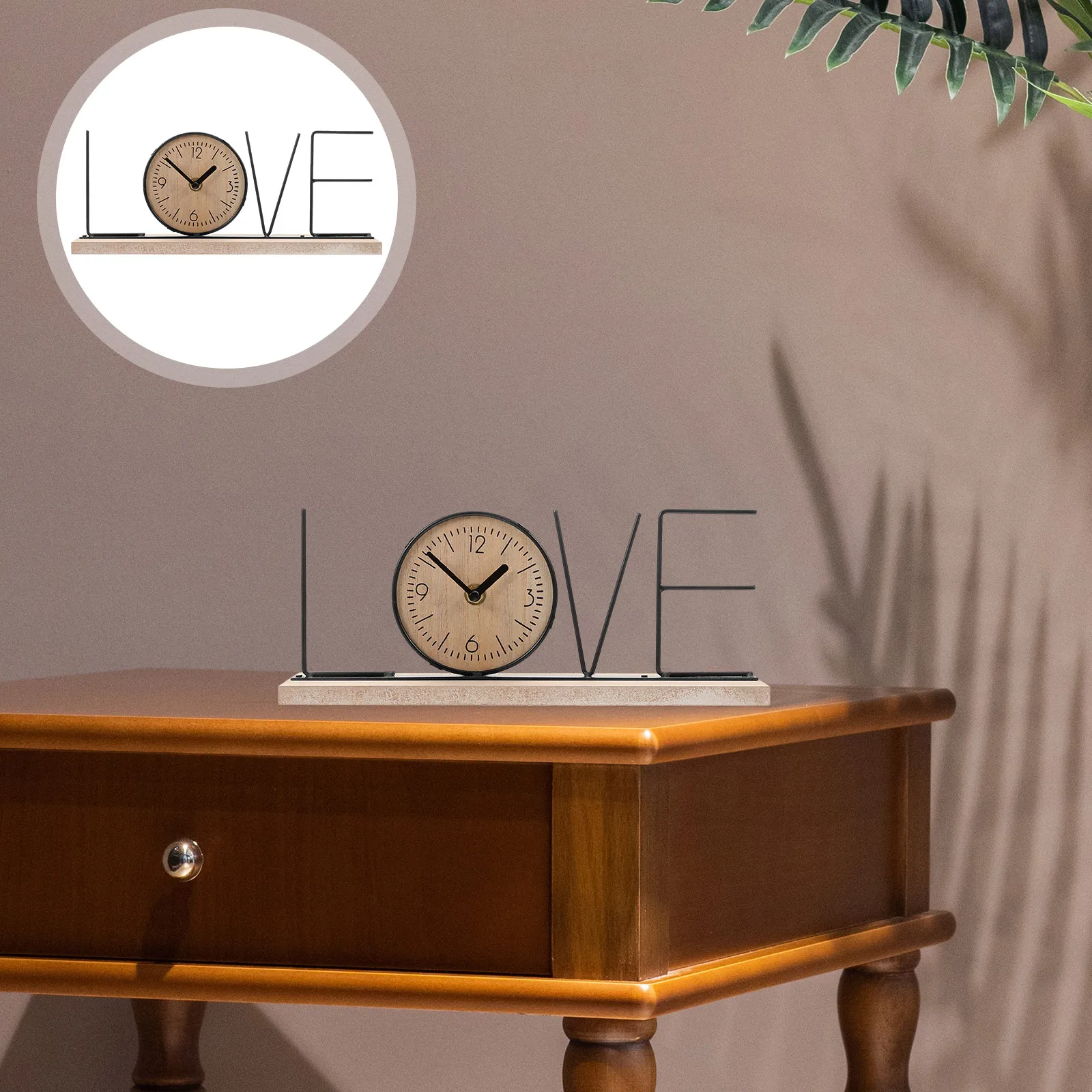 

Classical Desktop Mute English Word Clock Wooden Base Adornment Retro Chic Decorative Table Clock for Home Living Room Bedroom