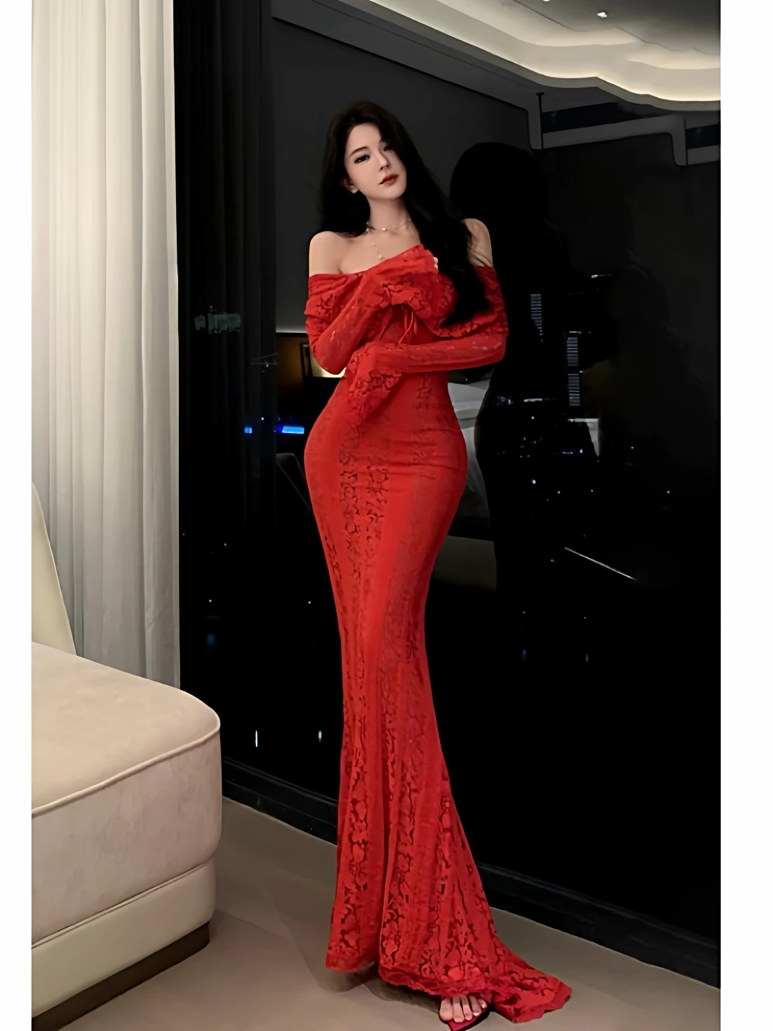 

Красное длинное вечернее платье с одним открытым плечом, юбка-макси с высокой талией, силуэт А-образной формы, из полиэфирного волокна