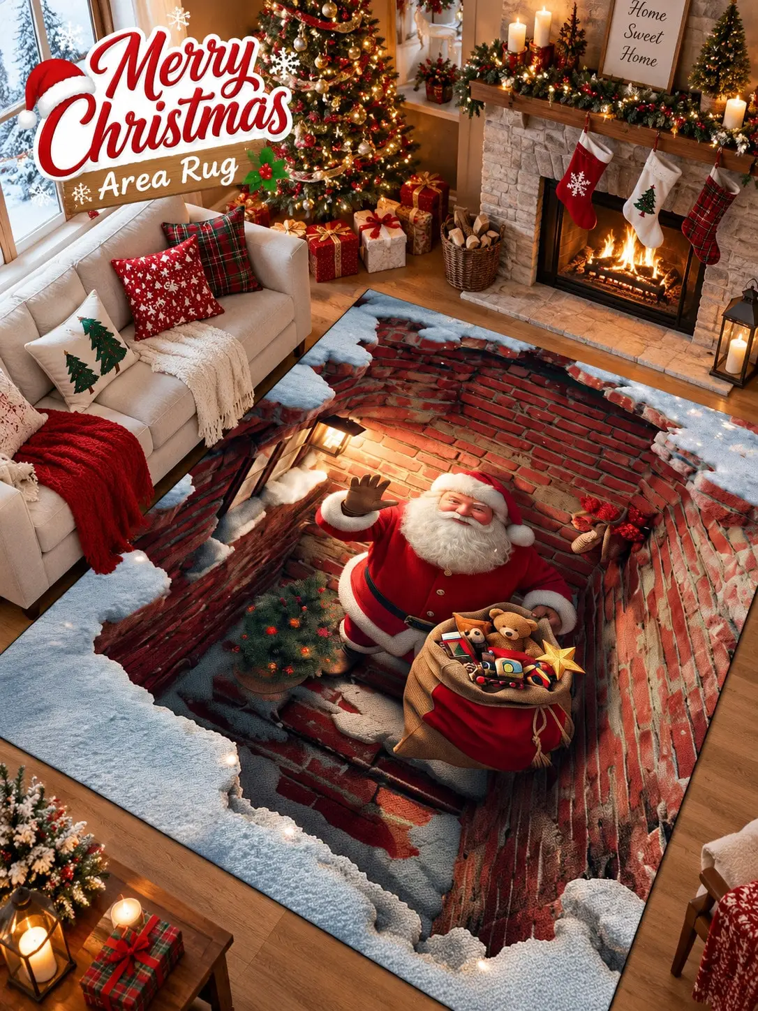 Christmas Rug Santa Chimney Presents Snow Floor Decor Carpet Living Room Bedroom Dining Area Entryway Apartment Cabin Winter Home Styling Beside Sofa Coffee Table Housewarming Birthday Gift for Family Friends Neighbors Homeowners Holiday Celebrations