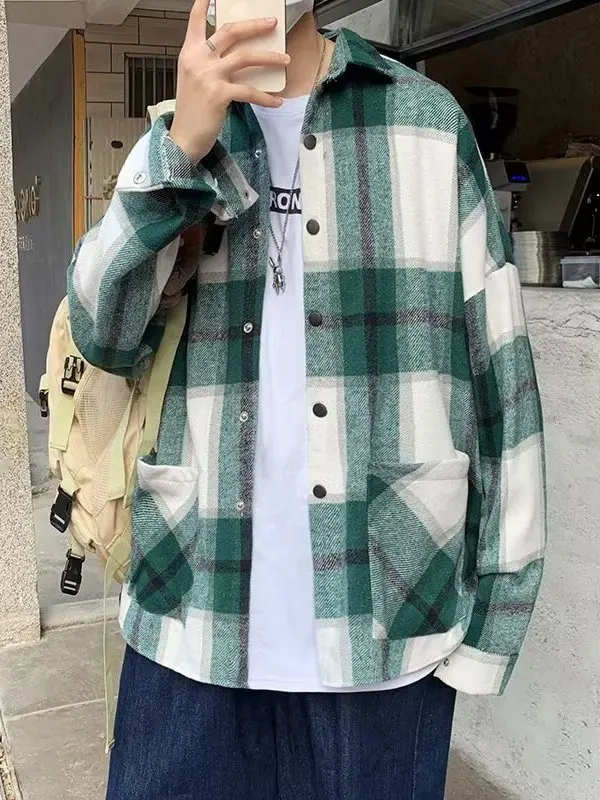 Color Block Long Sleeve Fleece Shirt Men's Casual Style Grid Pattern Loose Fit Autumn Fashionable Student Wear Resistant Wear