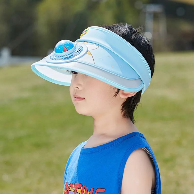 New Children's Summer Hat with Large Eaves and Fan, Empty Top Sun Hat Cartoon Cute Boys and Girls Outdoor Sun Protection Hat