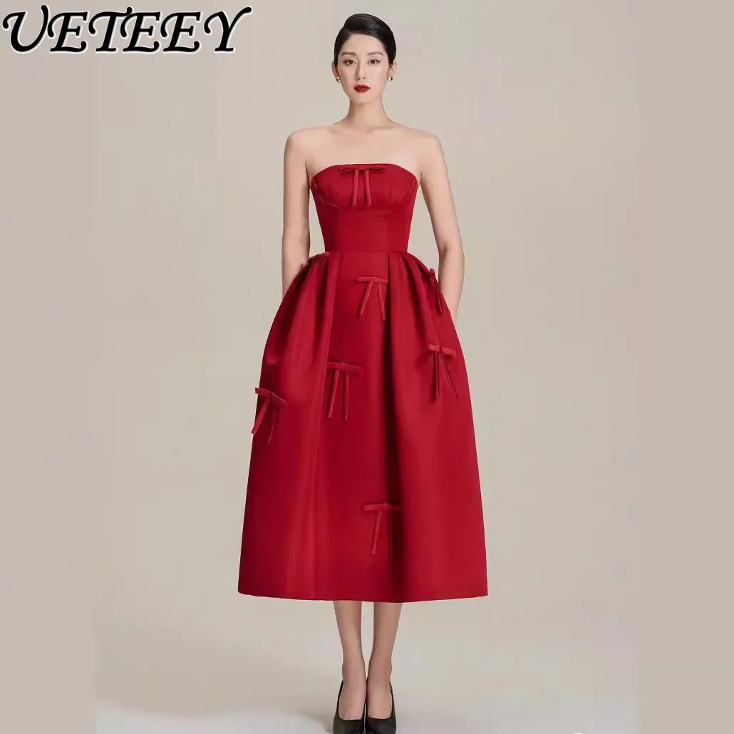 

Vietnam Niche Luxury Tube Top Dress 2025 Bow Waist Thin Big Swing Bridal Dress Party Robe High Waist Luxury Red Evening Dresses