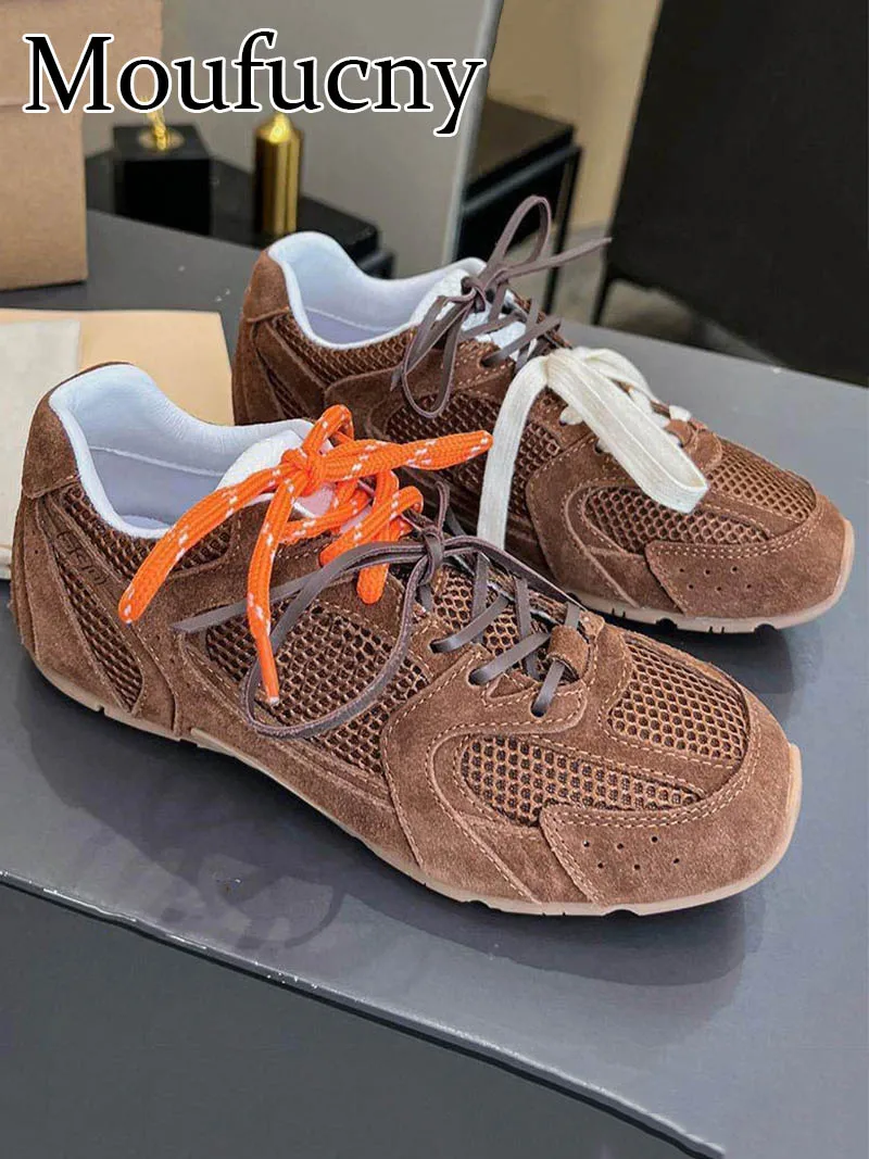 

Moufucny New Luxury Fashion Casual Sneakers Men Women Breathable Comfortable Walking Lace-up Brown Suede Female Mesh Sport Shoes