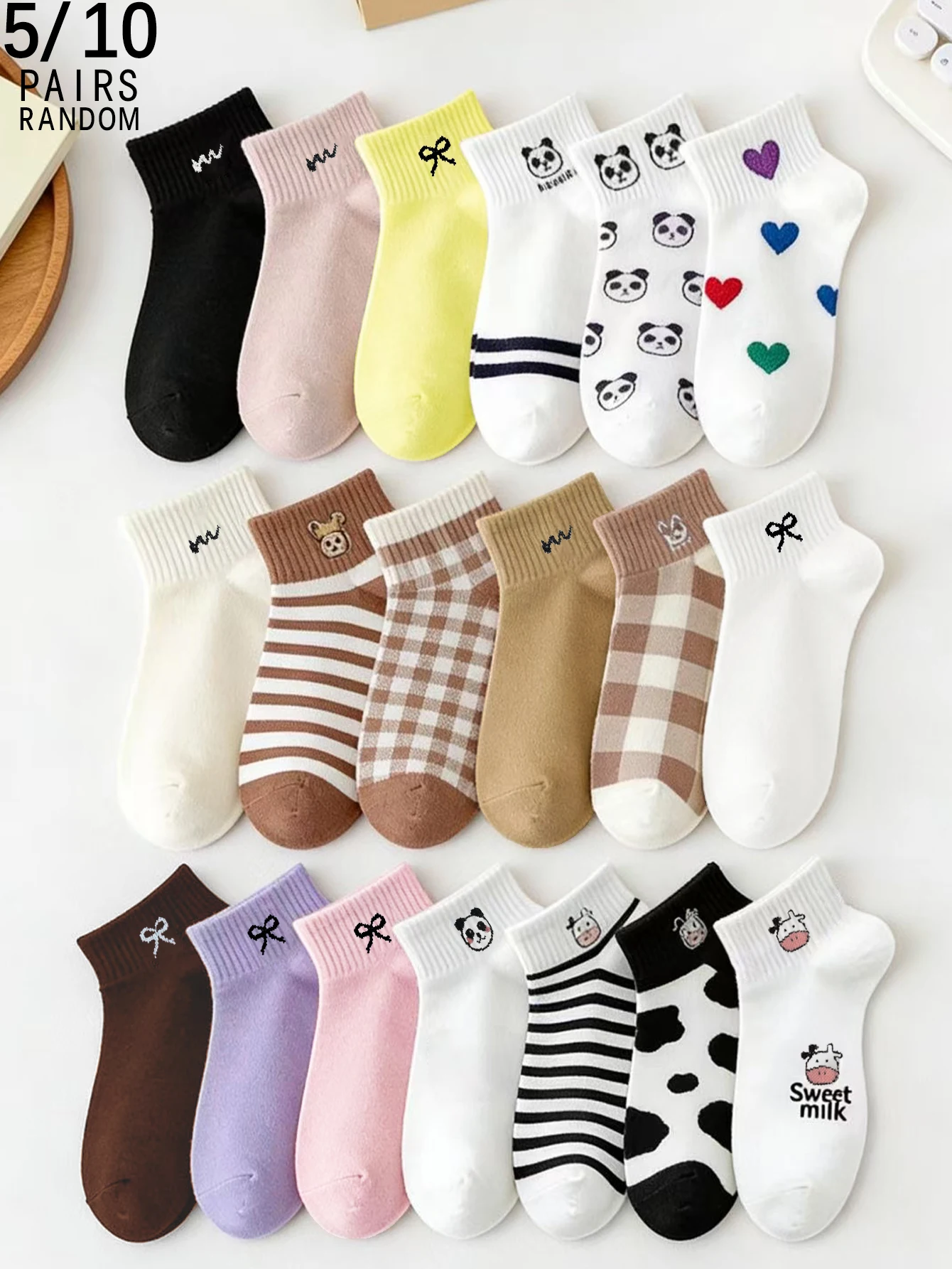 

5/10 пар женских носков средней длины с рисунком аватара и бантом в конфетных цветах