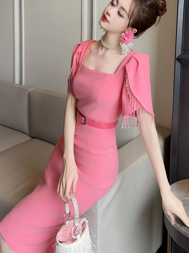 Elegant Chic Prom Dress Women\'s Fashion French Design Pearl Tassel Belt Sashes Slim Robe Femme Birthday Party Date Vestidos Lady