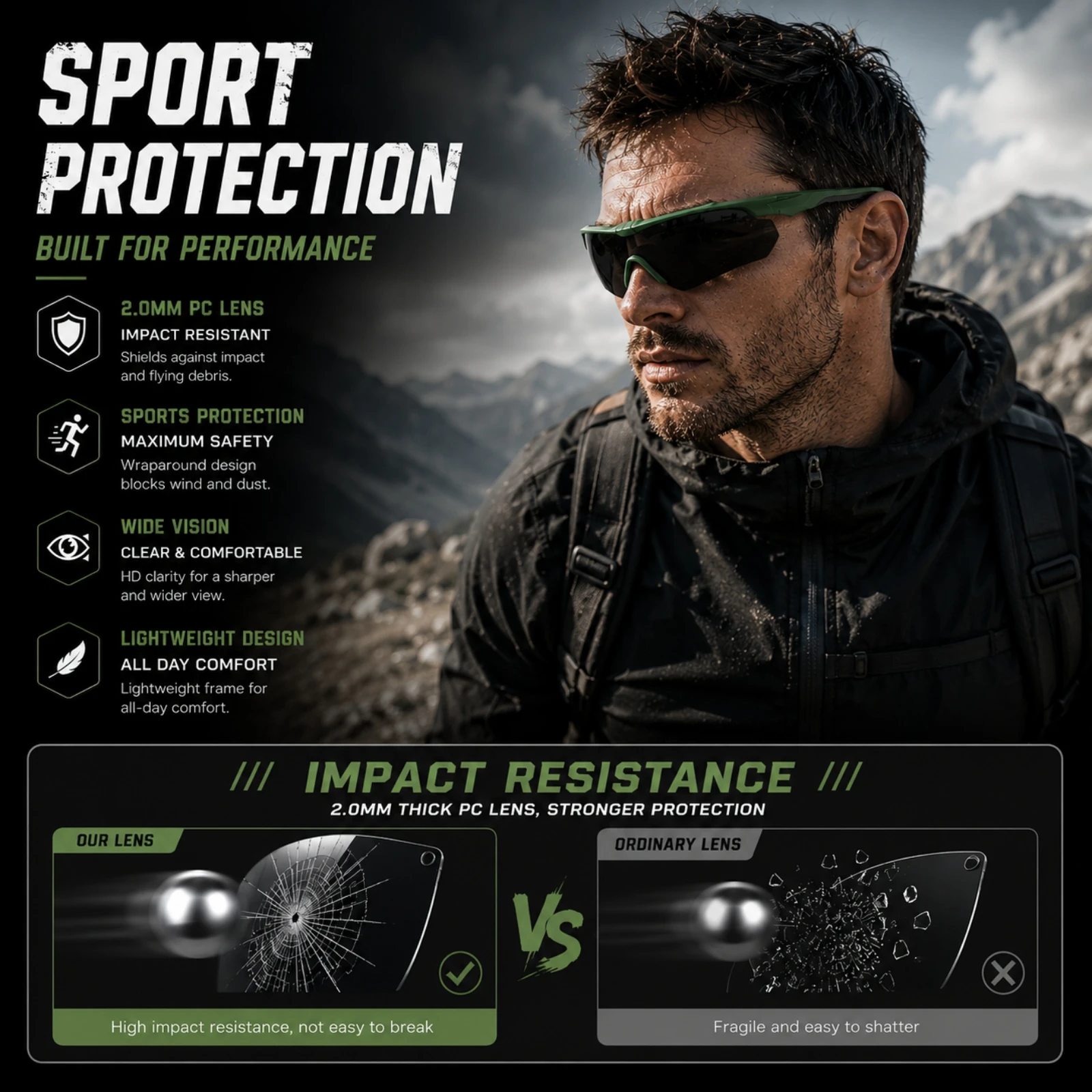 3-Linsen-Sport-Schutzbrille, UV400 Stoßfeste Winddichte Brille für Radfahren, Motorradfahren, Jagd & Outdoor-Sport – Detail 3
