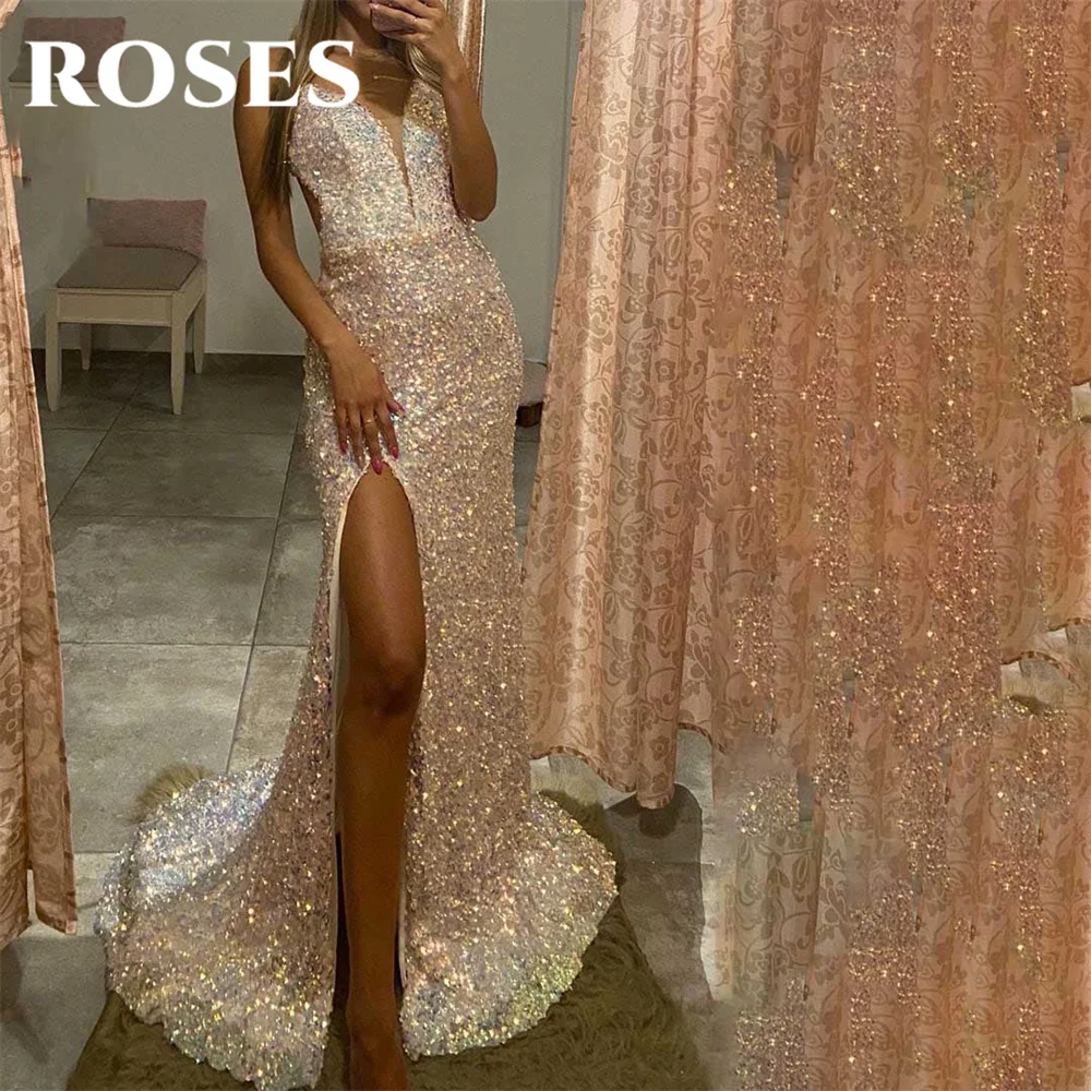 

ROSES Sliver Evening Dresses V-Neck Prom Dress with Split Sleeveless Sequins Robe De Soirée Glitter Mermaid Pleats Party Dress