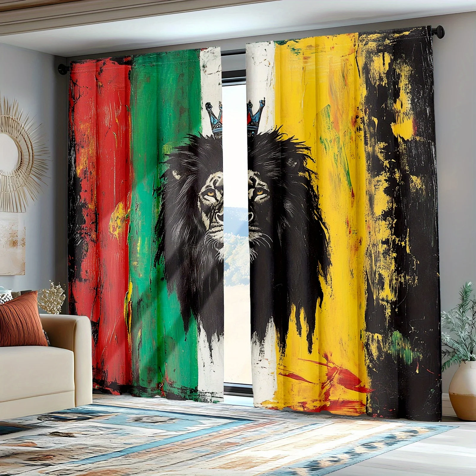 2Pcs Abstract Lion Head Curtain Panels Bold Safari Print Jungle Art Window Curtains Modern Living Room Decor Set