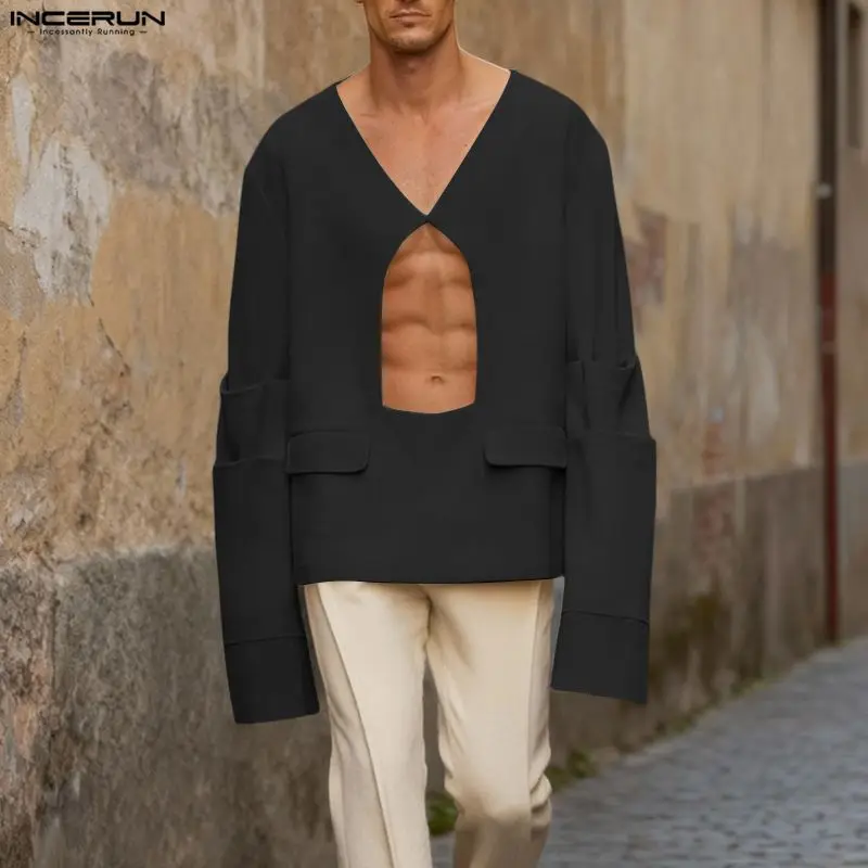 

Мужская рубашка INCERUN, однотонная, 2026, с V-образным вырезом, длинным рукавом, с перфорацией, уличная одежда, свободный крой, модные повседневные топы, размеры S-5XL