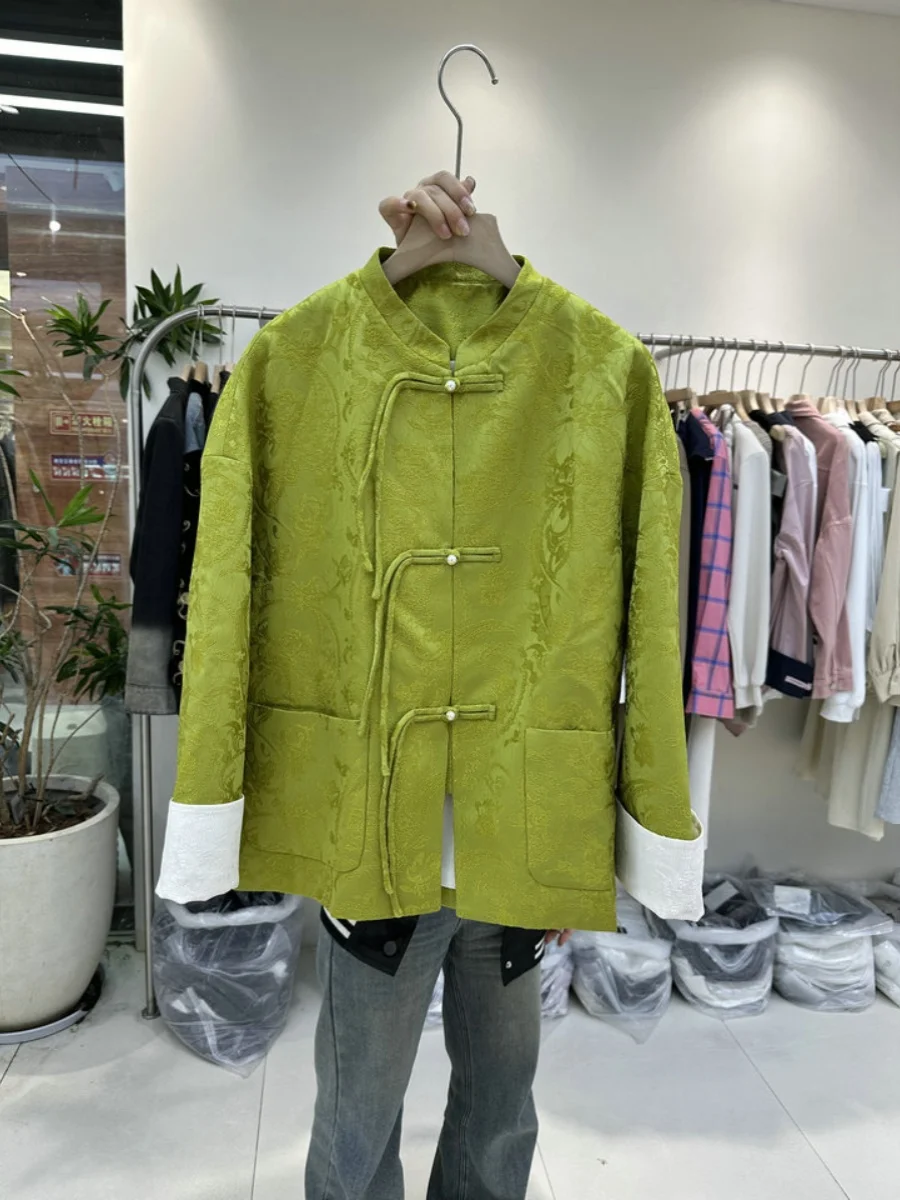 

Элегантный кардиган в китайском стиле, весна 2024, новинка, с длинными рукавами, воротником-стойкой, пуговицами и драпированным поясом