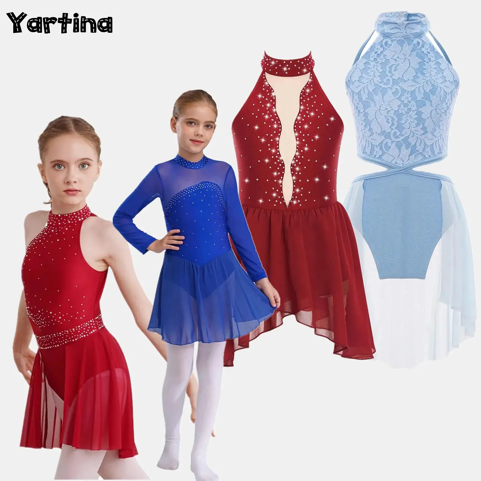 เด็กหญิง Rhinestones เงายิมนาสติกบัลเล่ต์ Jersey Leotards สเก็ตเครื่องแต่งกาย Sheer ตาข่าย Lyrical Dance Leotard ชุด