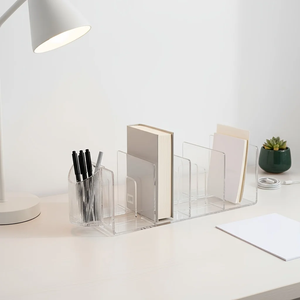 Transparent Acrylic PP Material - Multifunctional Desktop Organizer for Books,Featuring a Pen Holder for Office Documents
