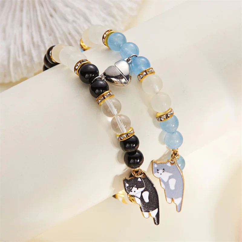 Passende magnetische Paar-Armbänder für Liebhaber, süßer Katzen-Anhänger, Freundschaftsschmuck, Naturstein-Perlen-Armreifen, Valentinstagsgeschenk – Detail 4