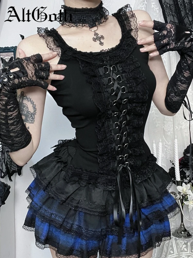 

AltGoth Hotsweet готический жилет женский эстетический Fairycore Grunge Y2k E-girl панк кружевной лоскутный бандажный корсет укороченный топ на бретелях женский
