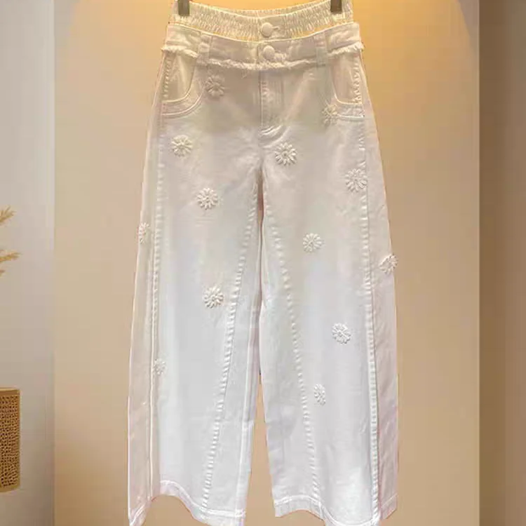 

2025 spring and autumn new versatile loose high-waisted three-dimensional daisy white jeans wide-leg pants trousers children