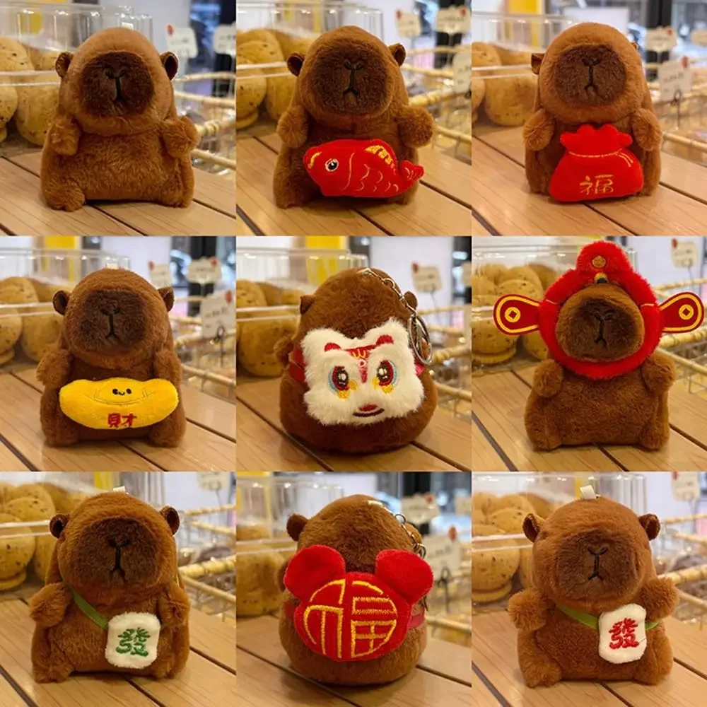 Cute Plush New Year Capybara Pendant Cartoon Hanging Ornament Bag Pendant Backpack Key Chain for Kids Gift