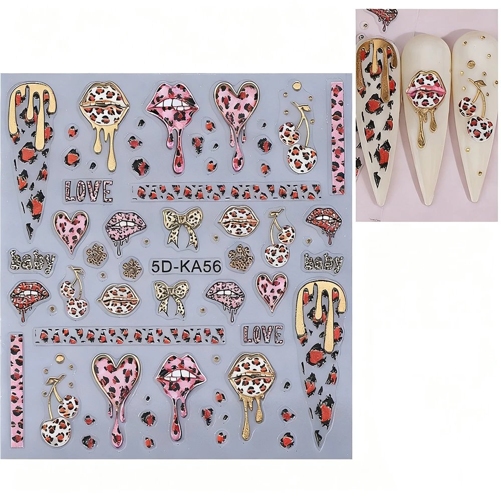 5D البرنز ليوبارد طباعة ملصقات الأظافر الكرز الشفاه تصميم المتزلجون ذاتية اللصق لمسمار الفن زينة عيد الحب مستلزمات الأظافر #1