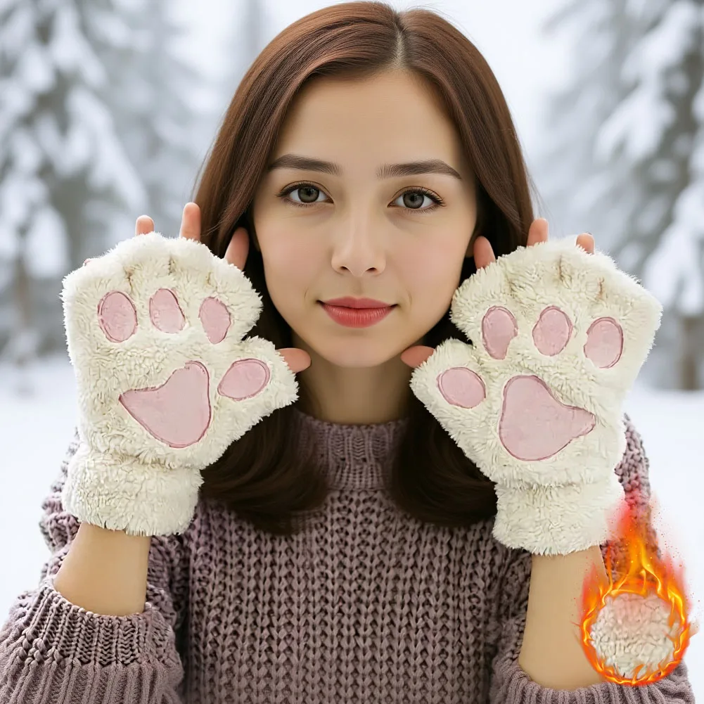 الشتاء القط باو أفخم قفازات لينة الدافئة أصابع القفازات لطيف رقيق الدب مخلب نصف اصبع قفازات للفتيات هدية الكريسماس