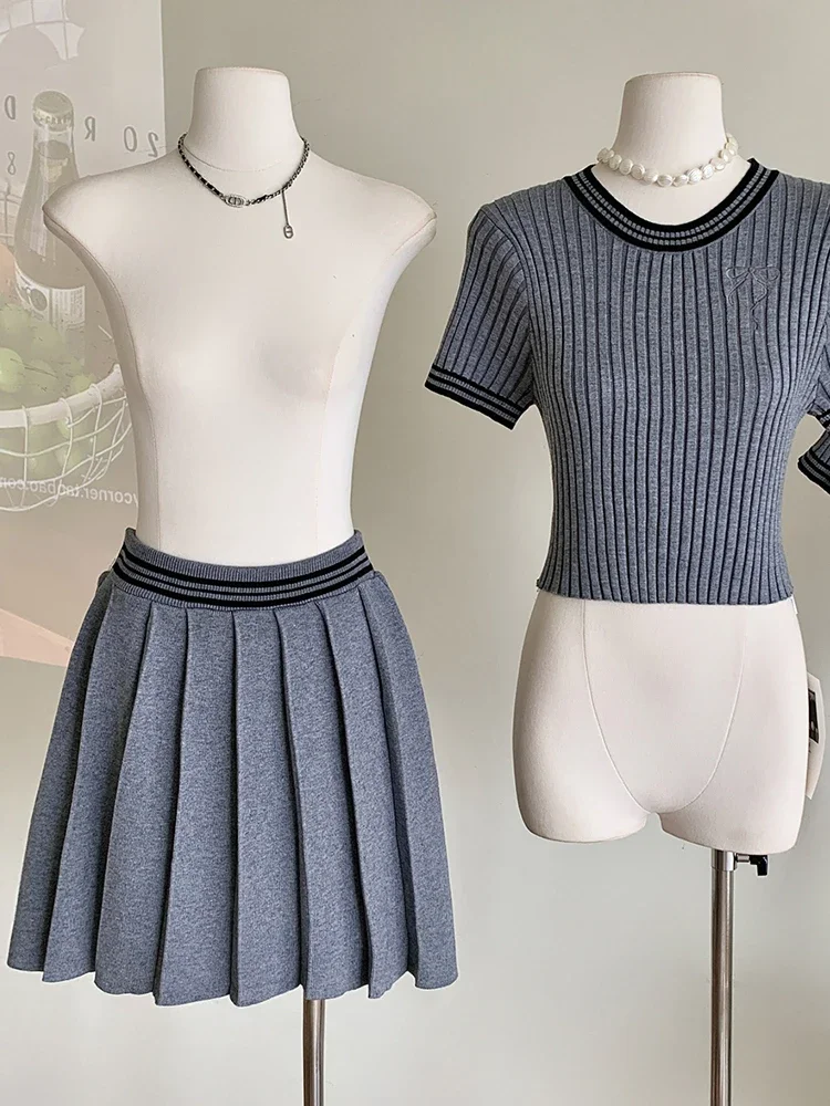 Summer Women 2000s Korean Fashion Vintage Solid Color Knit Suit Outfits 2 Piece Set Short Sleeve Crop Tops + Mini Pleated Skirt