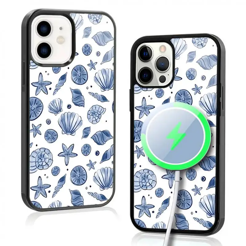 Marine Life Seashell Blue And White Pattern Case For iphone 11 12 13 14 15 Plus Pro Max Mirror For Magsafe Wireless Charging