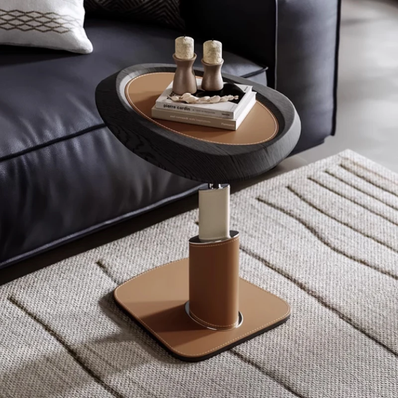 qo-Living Room Sofa Oval Saddle Leather Wrapped Side Table Small Flat Solid Wood Leather Veneer Special-Shaped Side Table MC028^