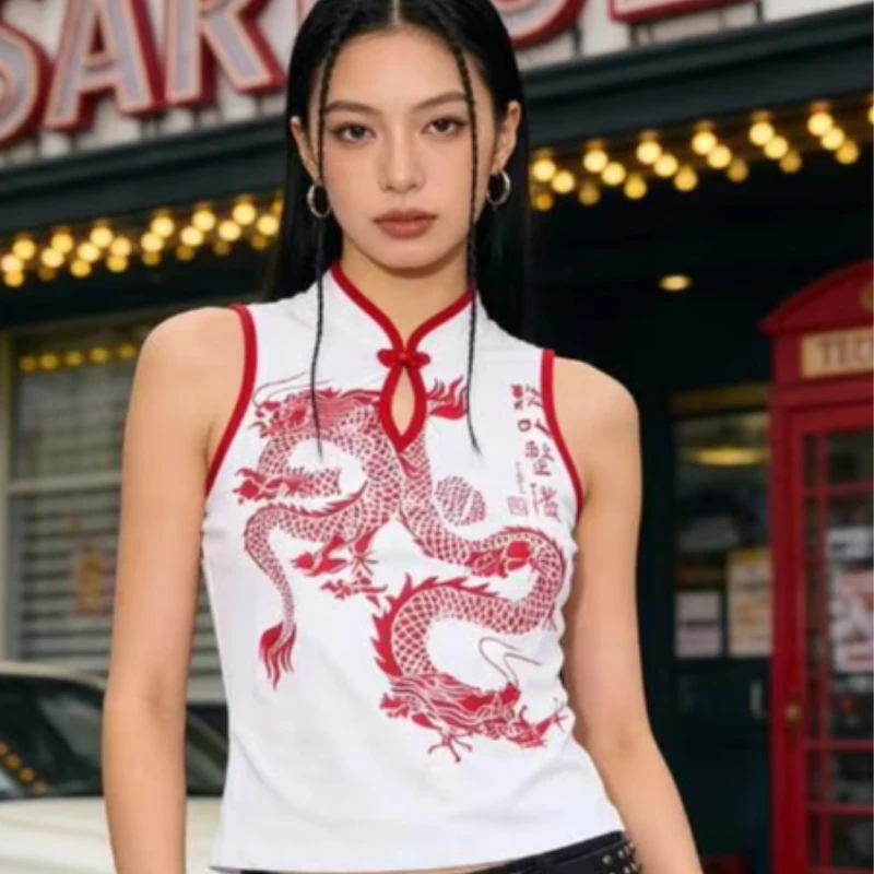 2026 New Y2K Style Retro Trend Chinese Dragon Print Stand Up Collar Sleeveless Vest Top Personalized Fashionable Casual Vest